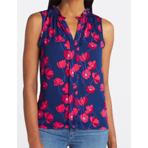 41 Hawthorn Stitch Fix Petite Sleeveless Blouse Navy Red Poppy Floral Top Orlee